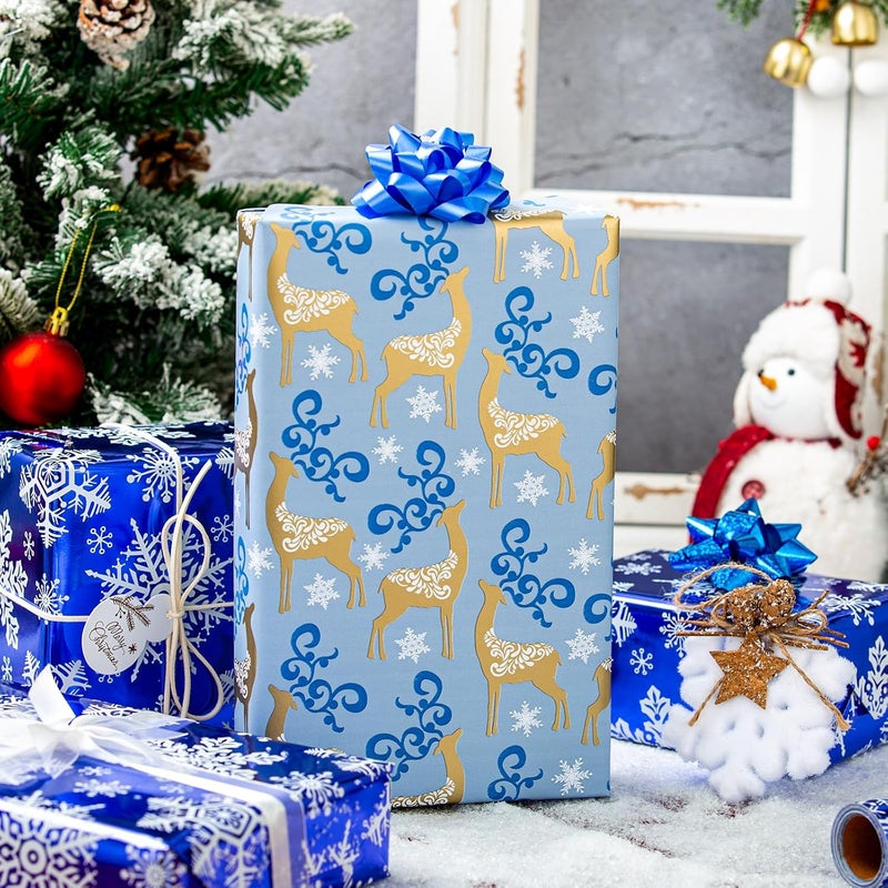 Yarcony Blue Christmas Wrapping Paper Roll, Snowflake Wrapping Paper, Navy Blue and White Snowflake, Deer Winter Theme Christmas Gift Wrap for Holiday, Gift Packaging (Mini Roll, 17 Inch X 33 Feet) - Image 5